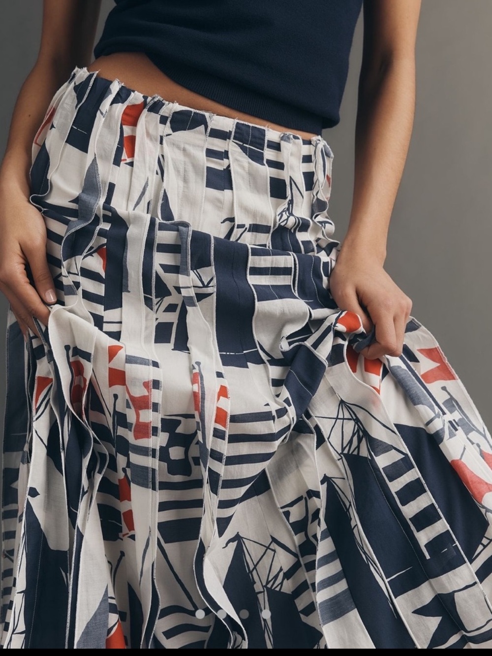 ⛵️Anthropologie Piped Midi Skirt Maeve New Medium Petite Novelty Sailboat Navy - Picture 3 of 14